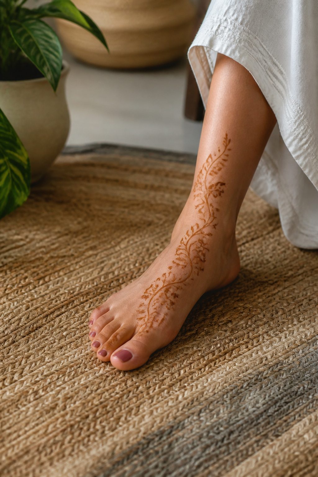 10 Henna Tattoo Designs for Beginners and Special Occasions 4 A foot adorned with floral vine henna designs.