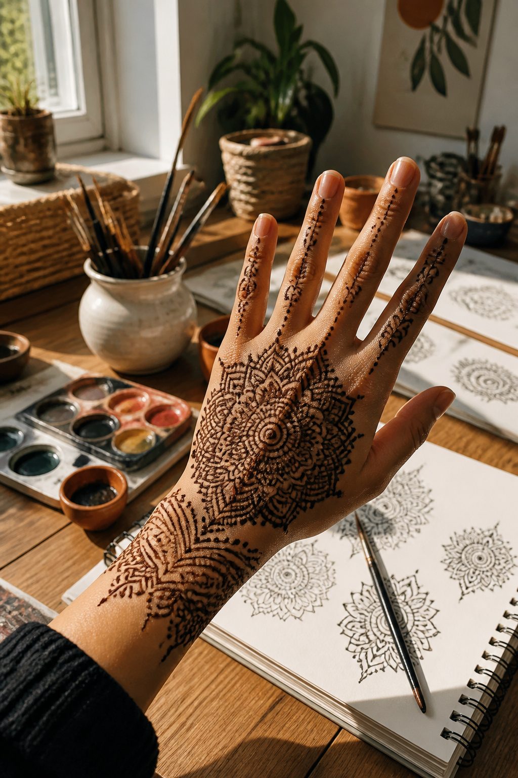 10 Henna Tattoo Designs for Beginners and Special Occasions 3 A hand displaying a detailed mandala henna design on the palm.