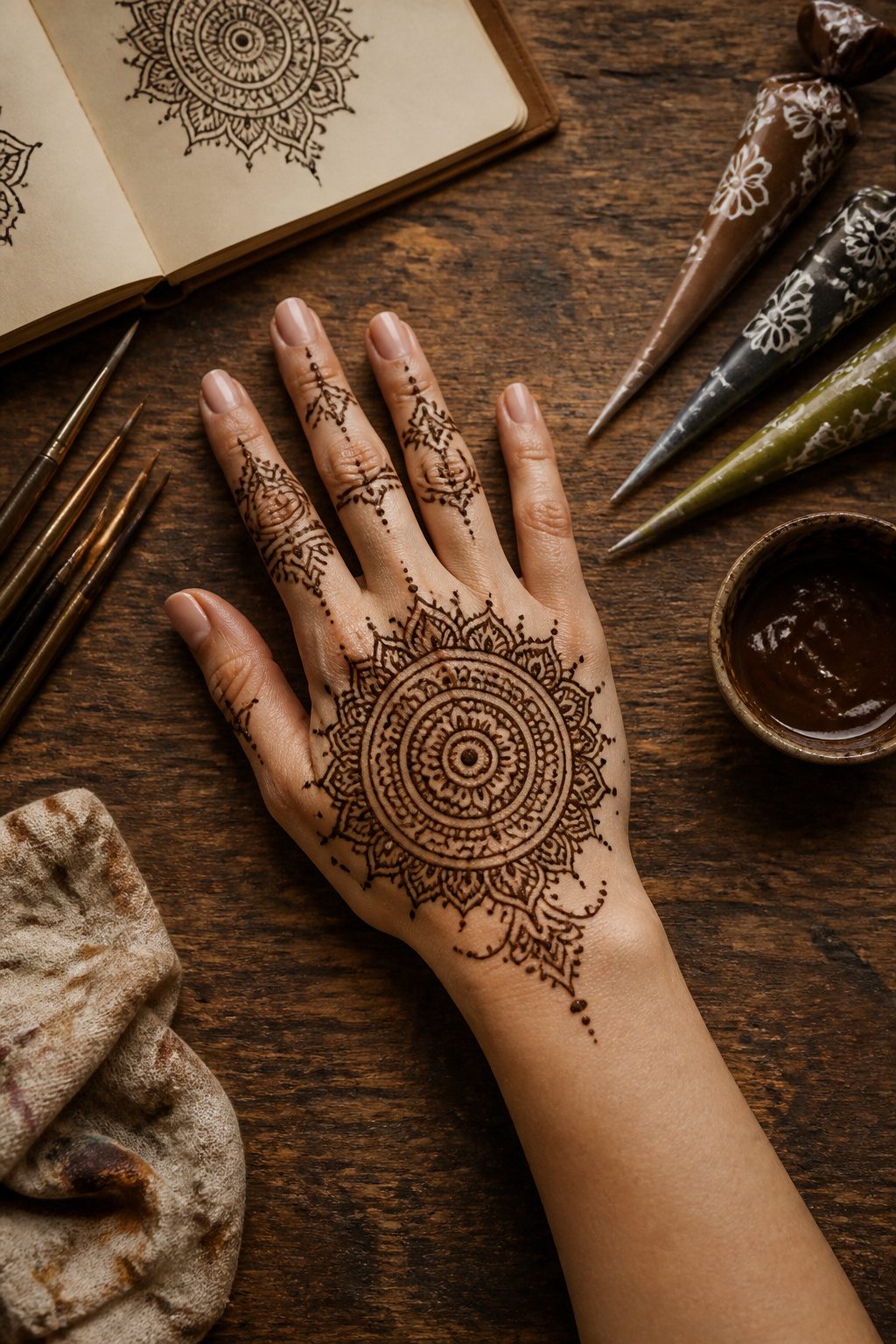 10 Henna Tattoo Designs for Beginners and Special Occasions 10 A mandala henna design on the back of a hand.