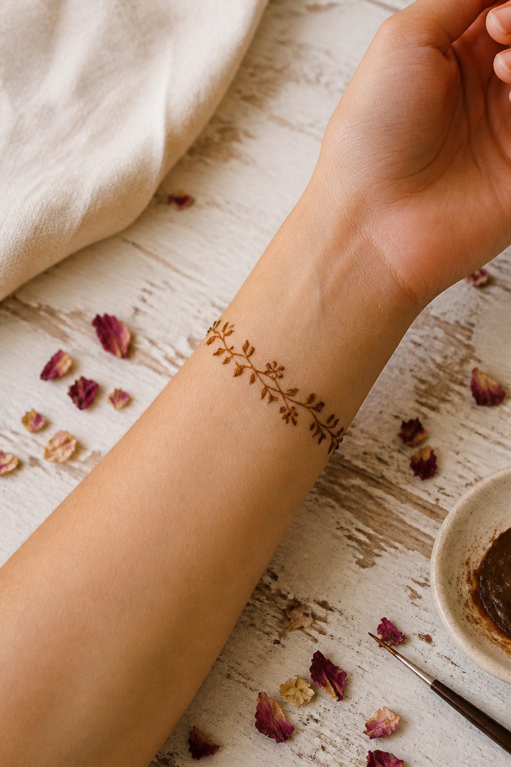 10 Henna Tattoo Designs for Beginners and Special Occasions 9 A close view of a minimalist floral chain on a wrist.