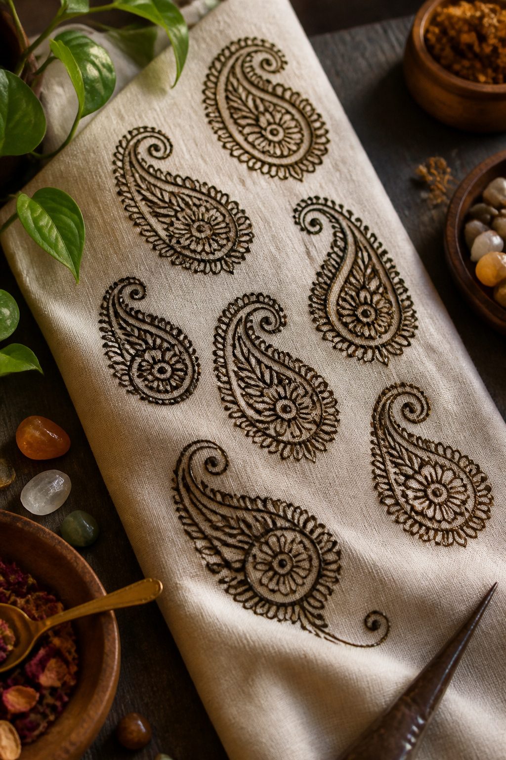 10 Henna Tattoo Designs for Beginners and Special Occasions 2 A flat lay of paisley henna designs on textured fabric.
