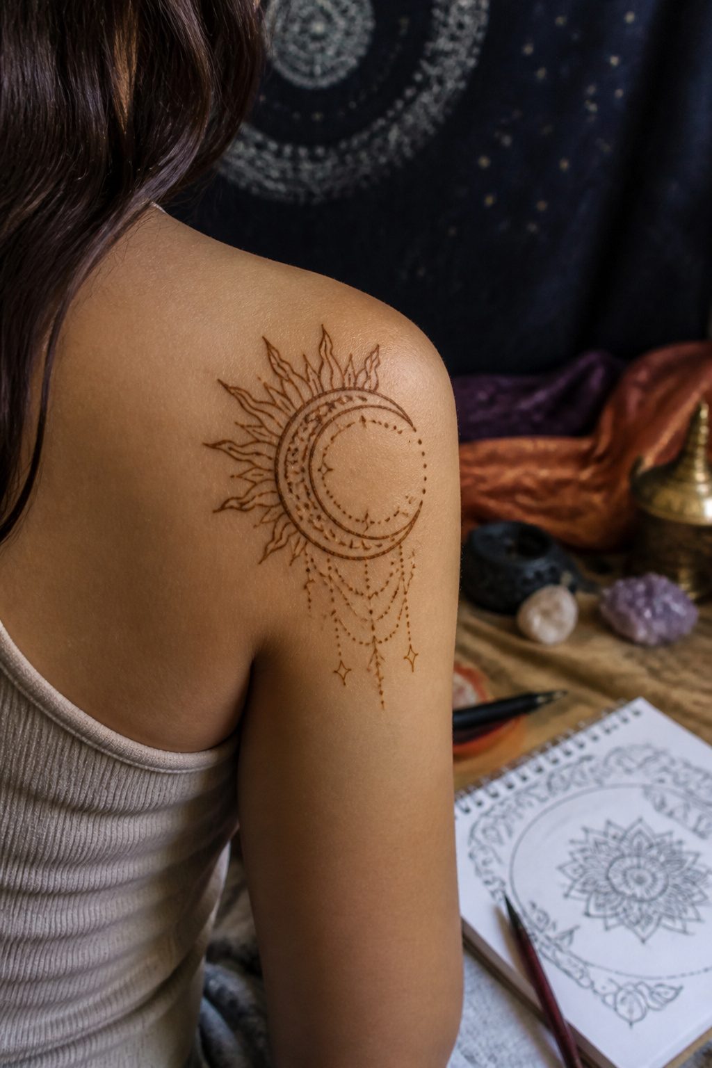 10 Henna Tattoo Designs for Beginners and Special Occasions 8 Henna design of the sun and moon on a shoulder.
