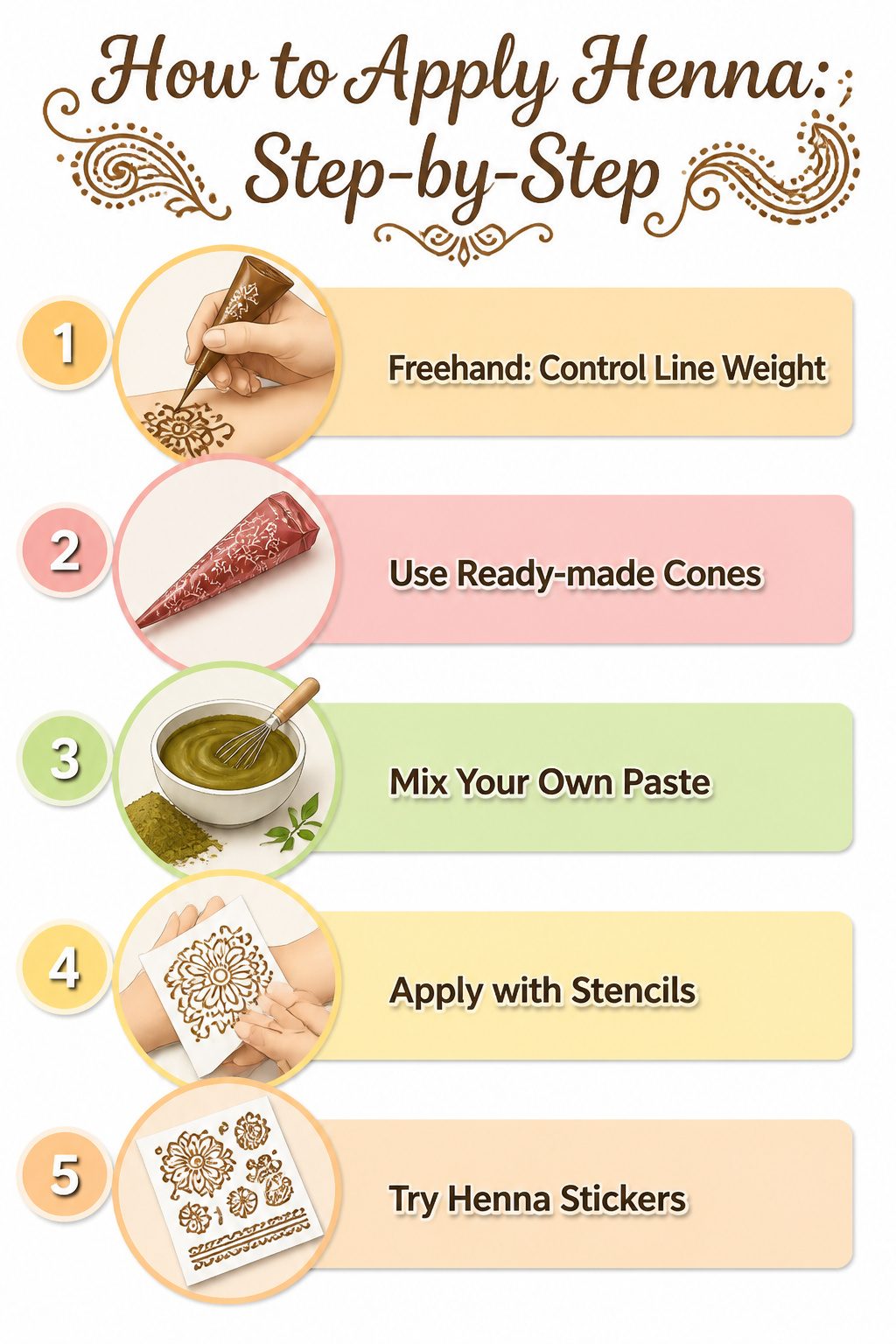 10 Henna Tattoo Designs for Beginners and Special Occasions 12 Step-by-step guide on how to apply henna using a cone.