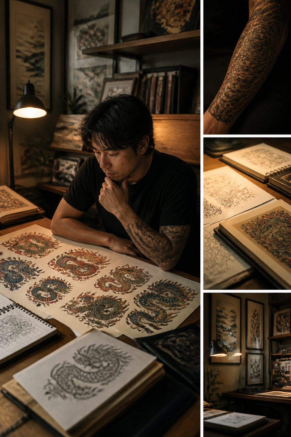 Artwork showing various placements and colors for Japanese dragon tattoos.