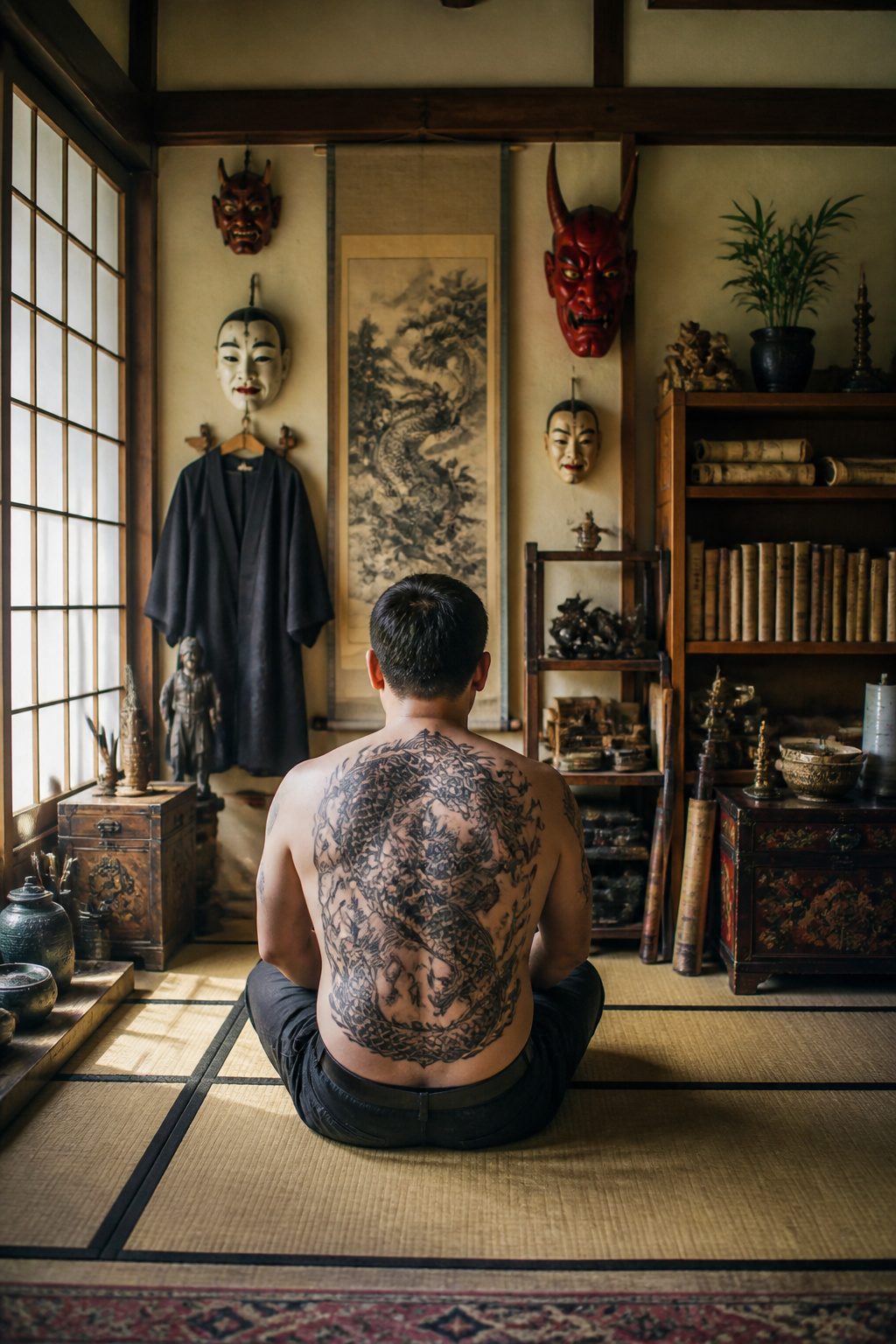 Image showing a Japanese dragon tattoo with cultural symbols.