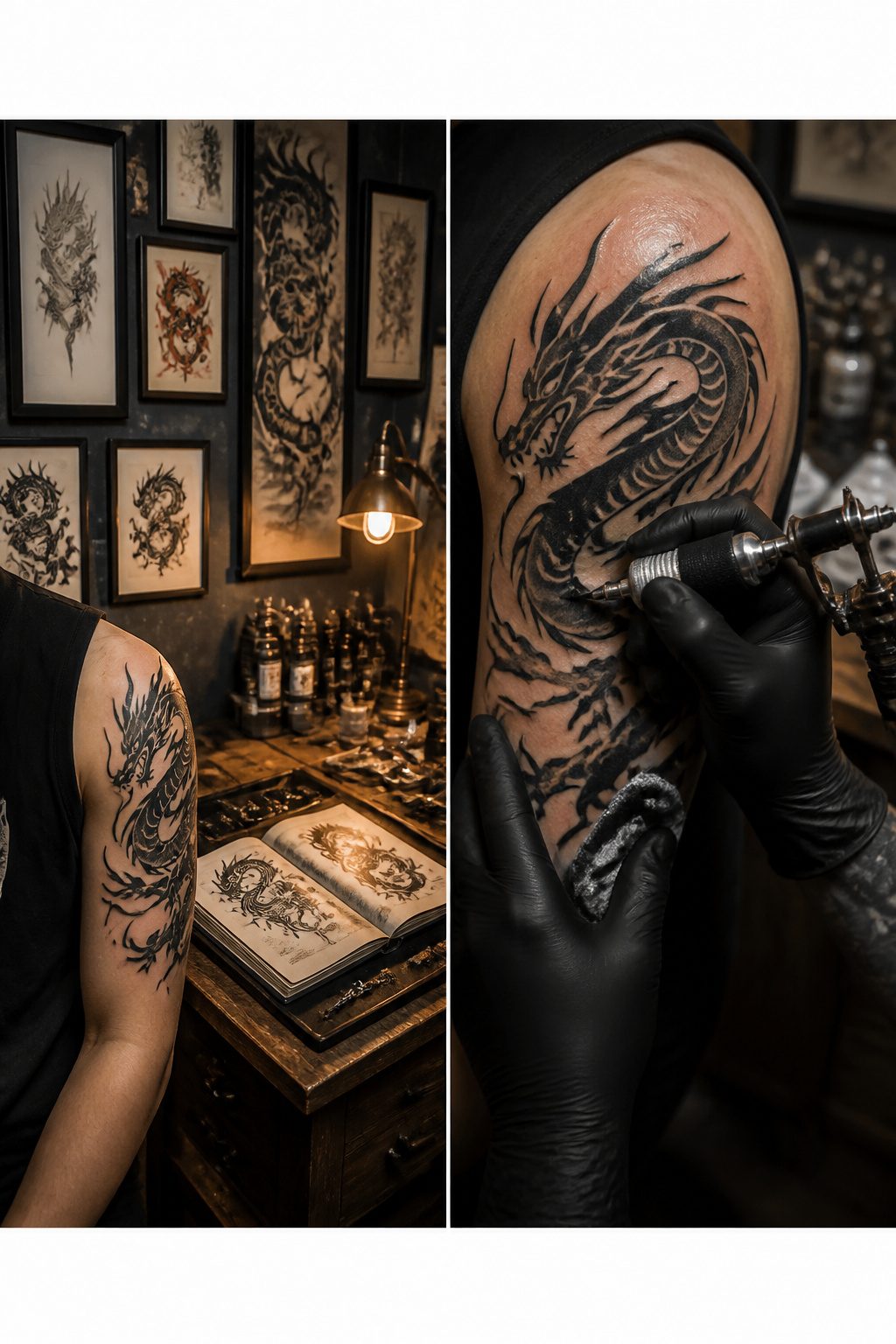 Comparison of traditional and tribal Japanese dragon tattoo styles.
