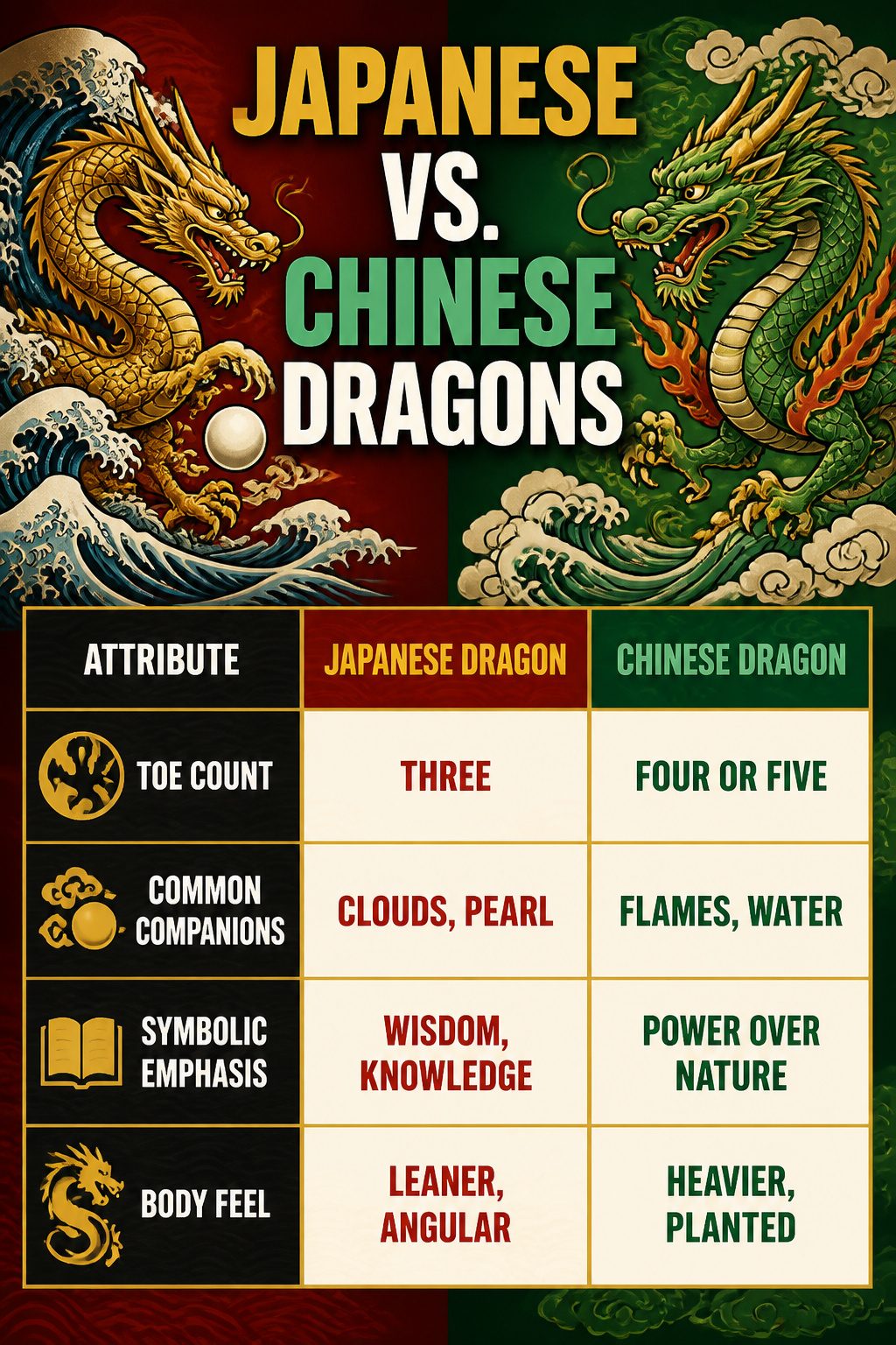 Infographic comparing Japanese and Chinese dragons.