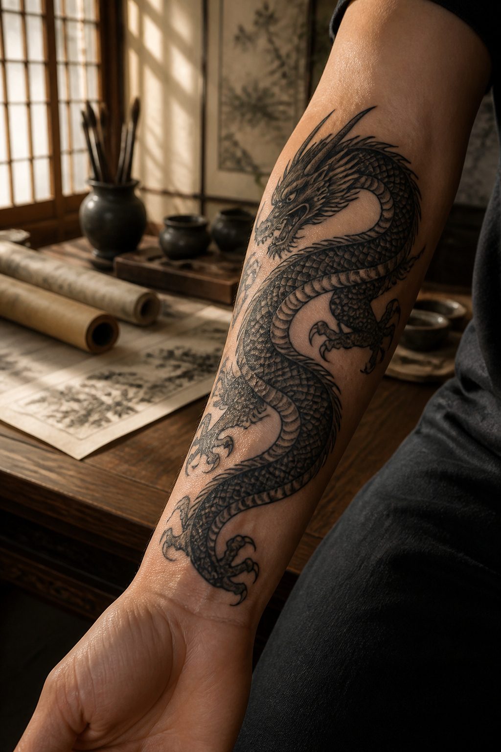 Photograph featuring a Japanese dragon tattoo design.