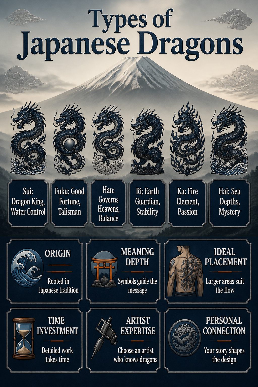Illustration of different types of Japanese dragons for tattoos.