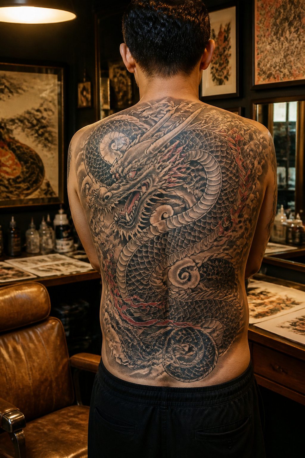Large dragon tattoo covering a client's entire back.