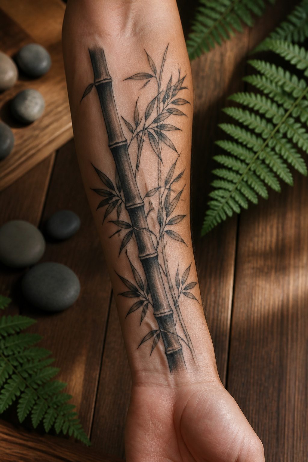 Tattoo of bamboo stalks with clean geometric lines.