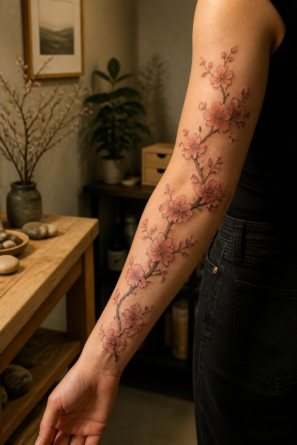 Tattoo design featuring cherry blossoms on a branch.