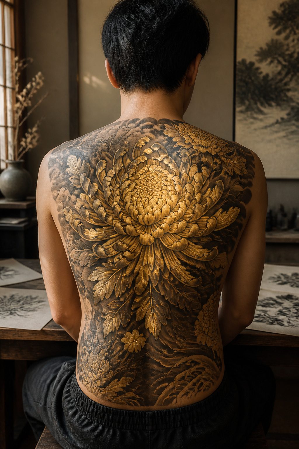 Tattoo of a chrysanthemum flower with delicate petals.