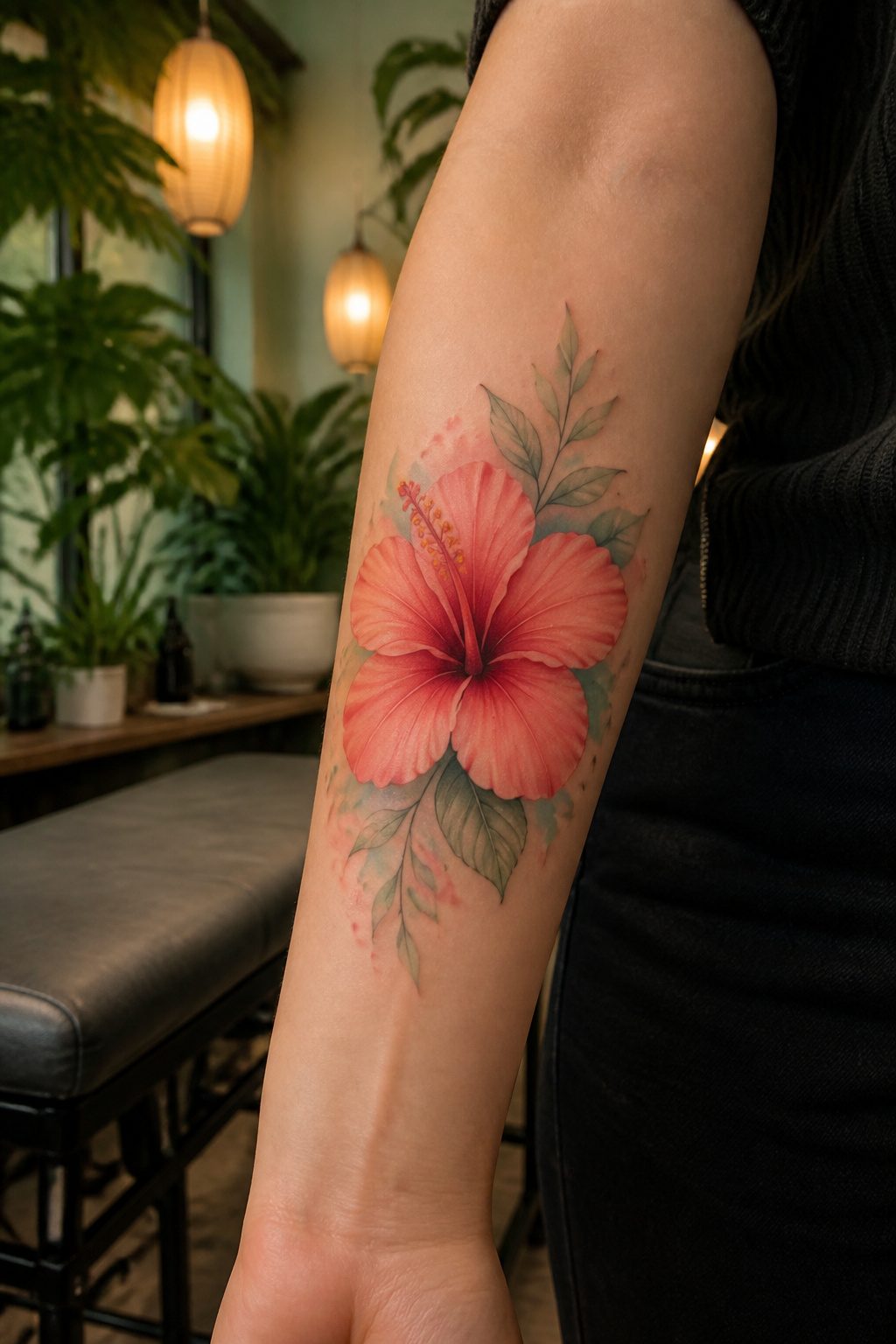 Tattoo of a hibiscus flower as a supporting accent.