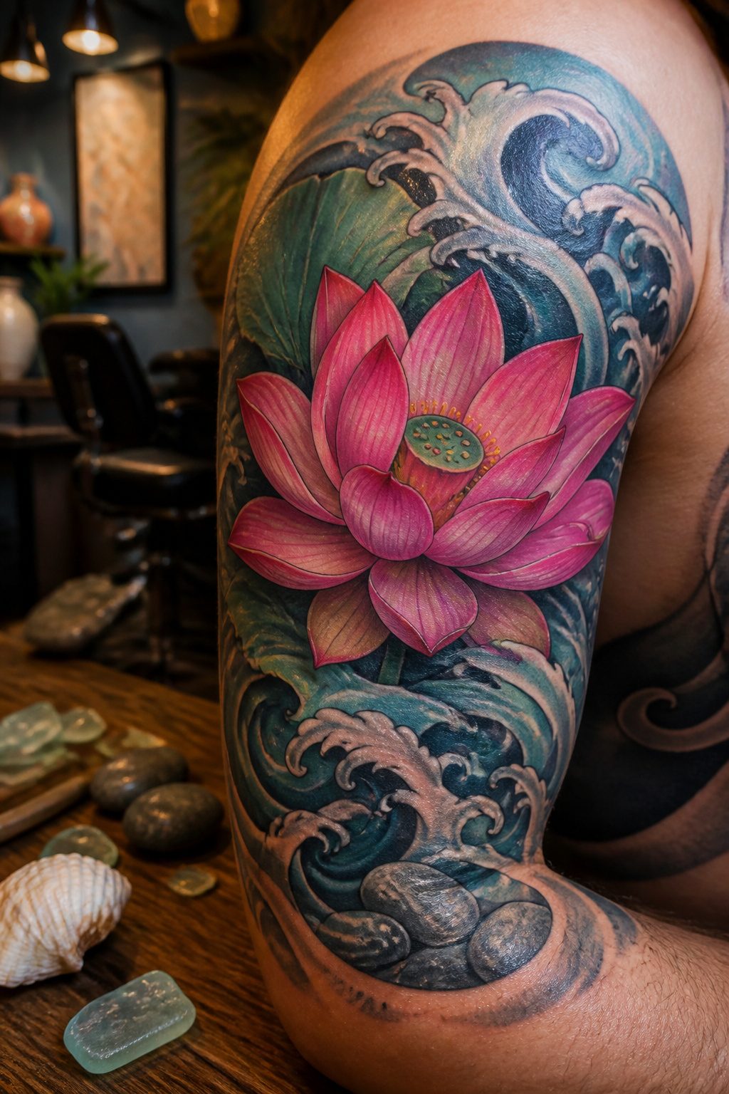 Tattoo of a lotus flower in various stages of bloom.