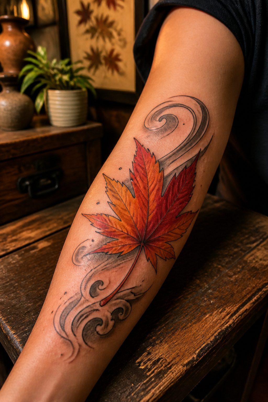 Tattoo design featuring Japanese maple leaves in motion.