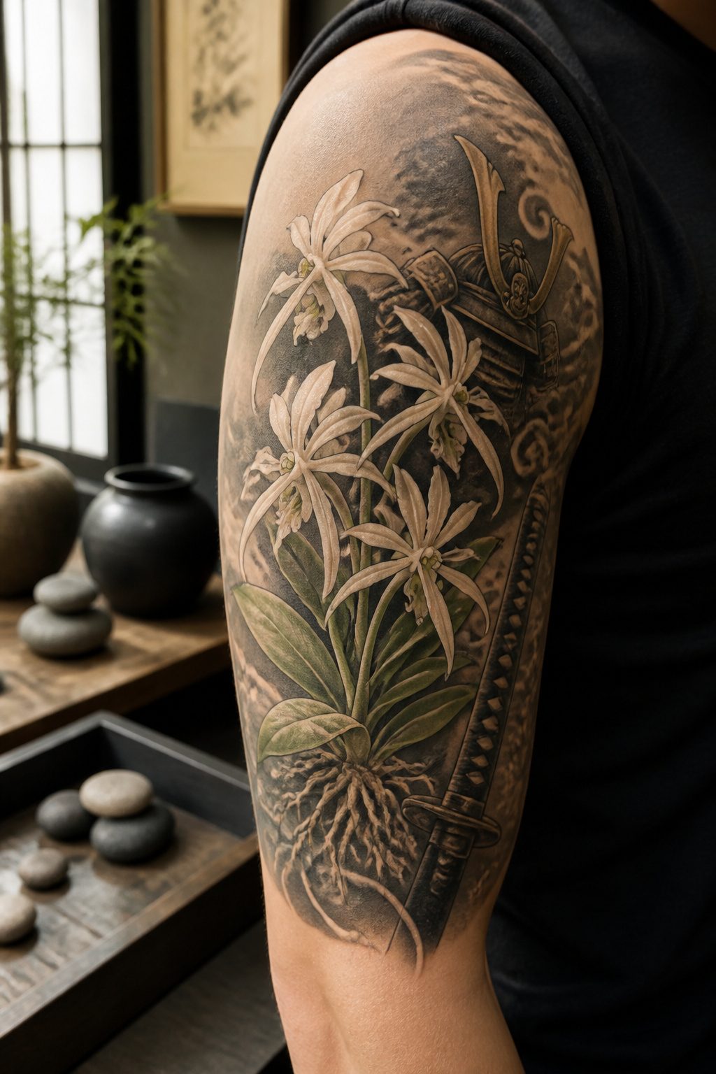 Tattoo of Neofinetia falcata orchid with intricate details.