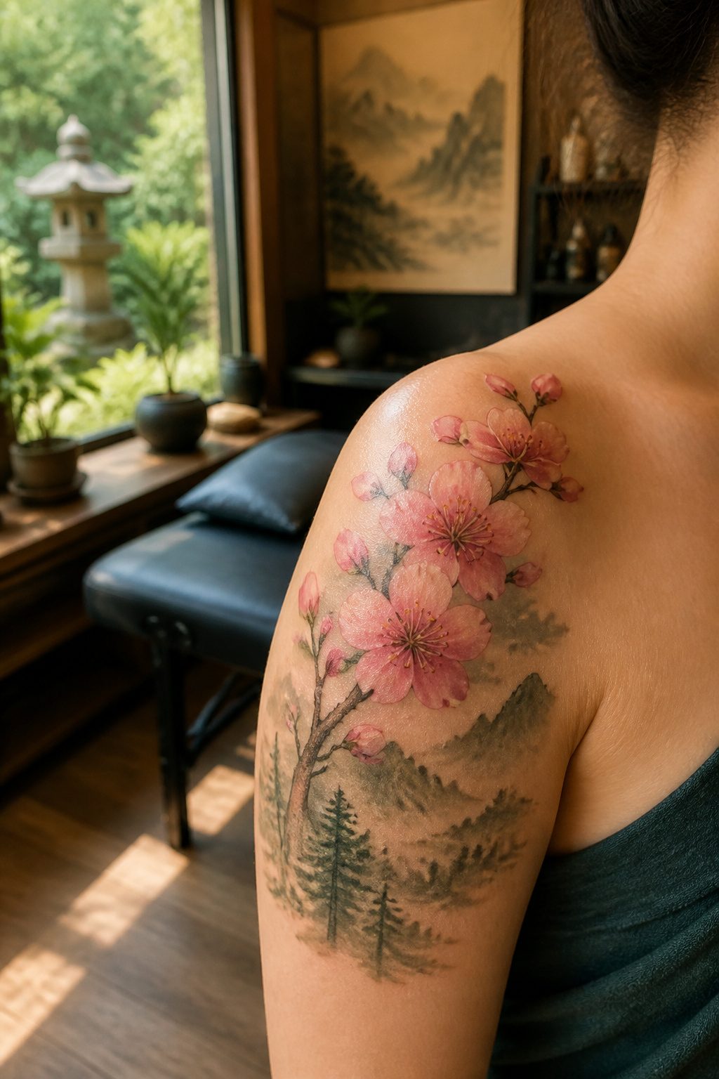 Tattoo design featuring peach blossoms in bloom.