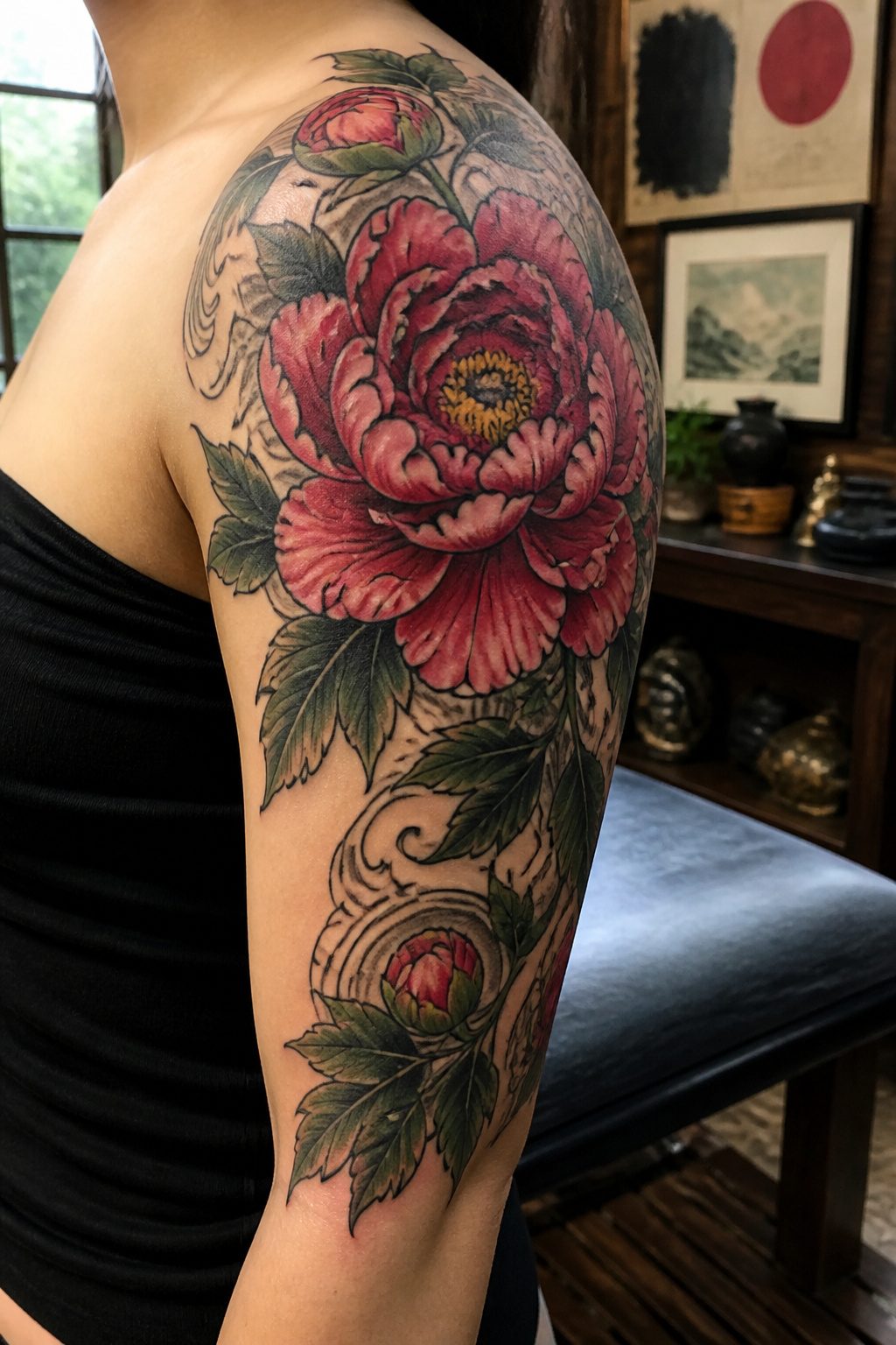 Tattoo design featuring a peony with intricate details.