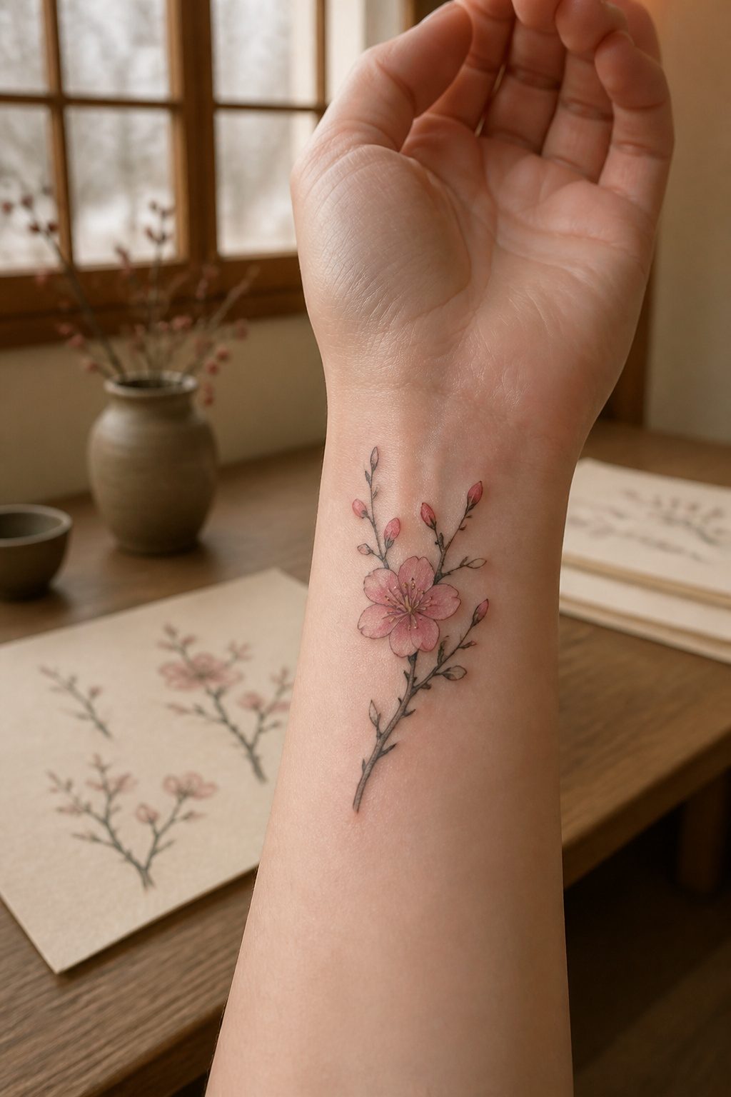 Tattoo of ume flowers pushing through late-winter snow.