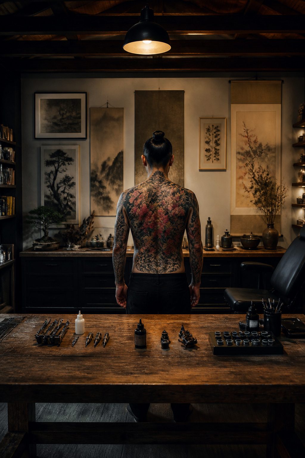 Tattoo of a full back piece featuring intricate floral designs.