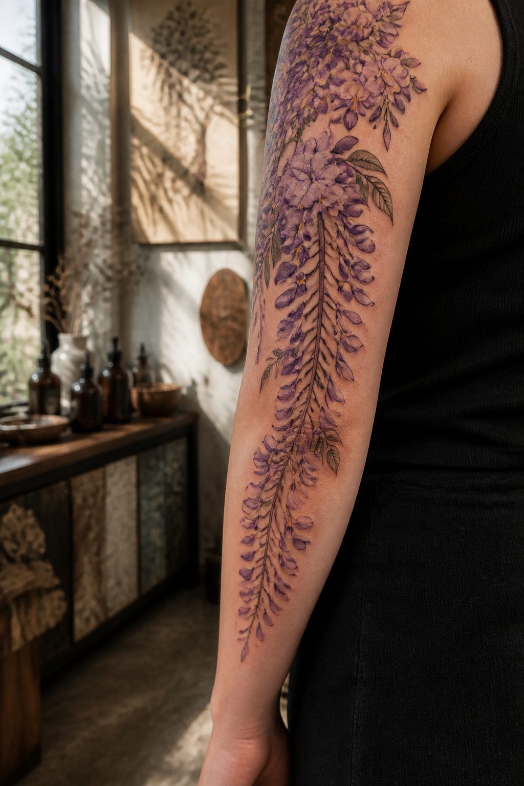 Tattoo of hanging clusters of wisteria flowers.