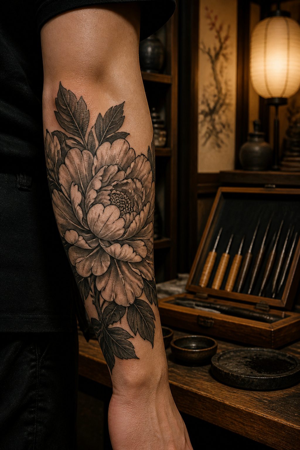 Japanese Peony Tattoos: Meaning, Color, Placement and Pairings 2 Close-up of a Japanese peony tattoo with bold colors.