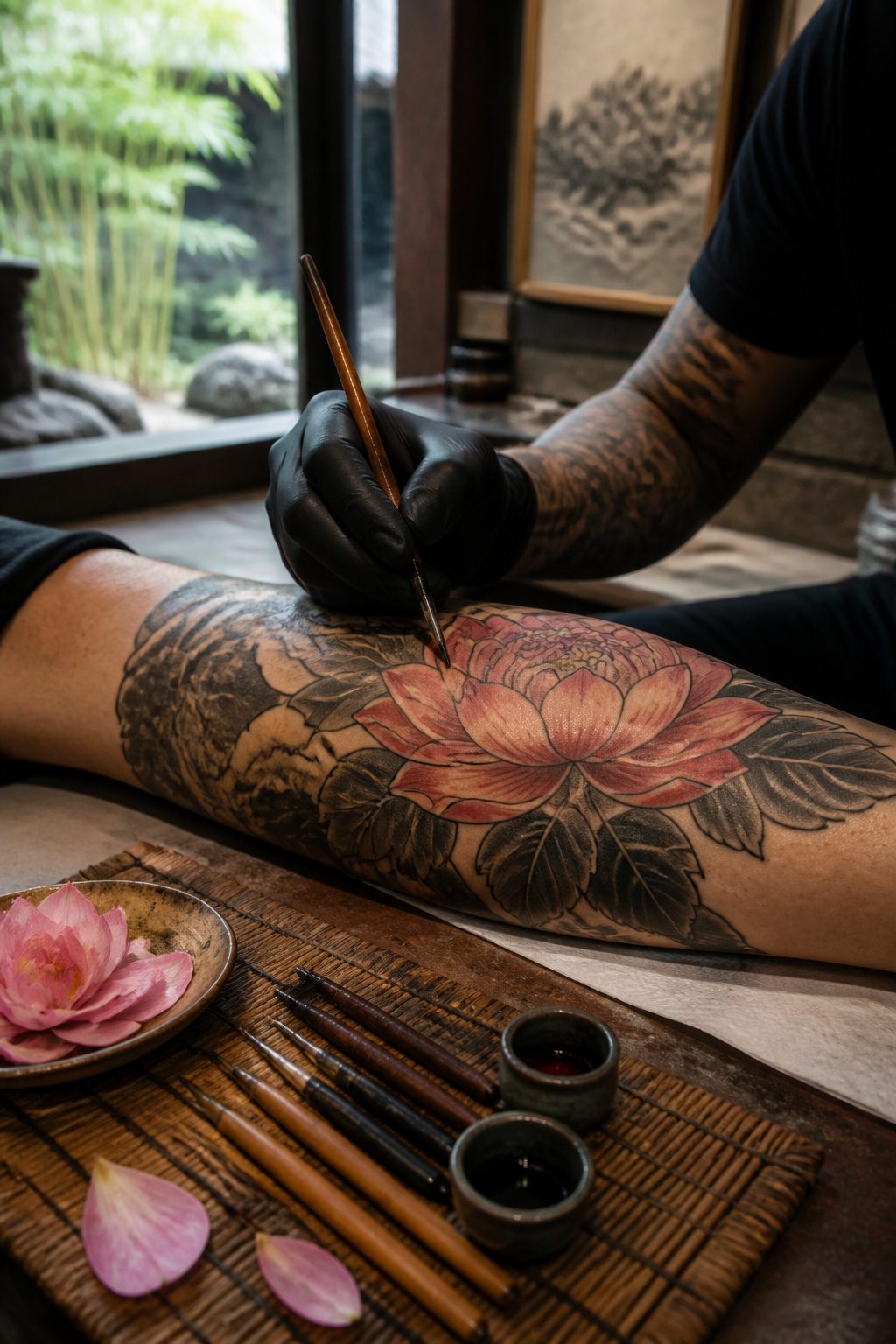 Japanese Peony Tattoos: Meaning, Color, Placement and Pairings 7 Close-up of a tattoo artist working on a peony tattoo.