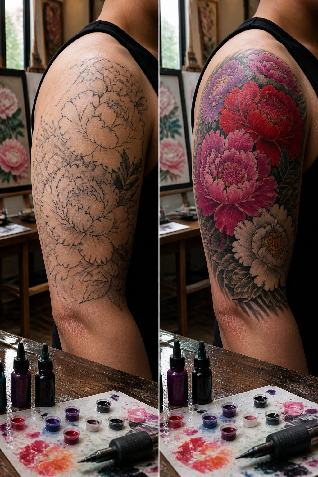 Japanese Peony Tattoos: Meaning, Color, Placement and Pairings 3 Close-up of various colored peony tattoos.