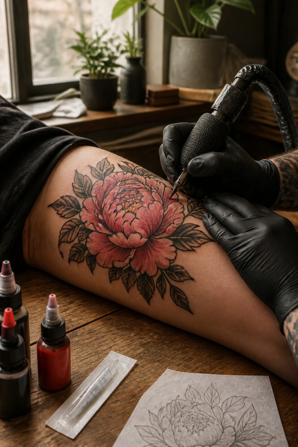 Japanese Peony Tattoos: Meaning, Color, Placement and Pairings 1 Tattoo needle above a close-up of a pink and red peony tattoo.