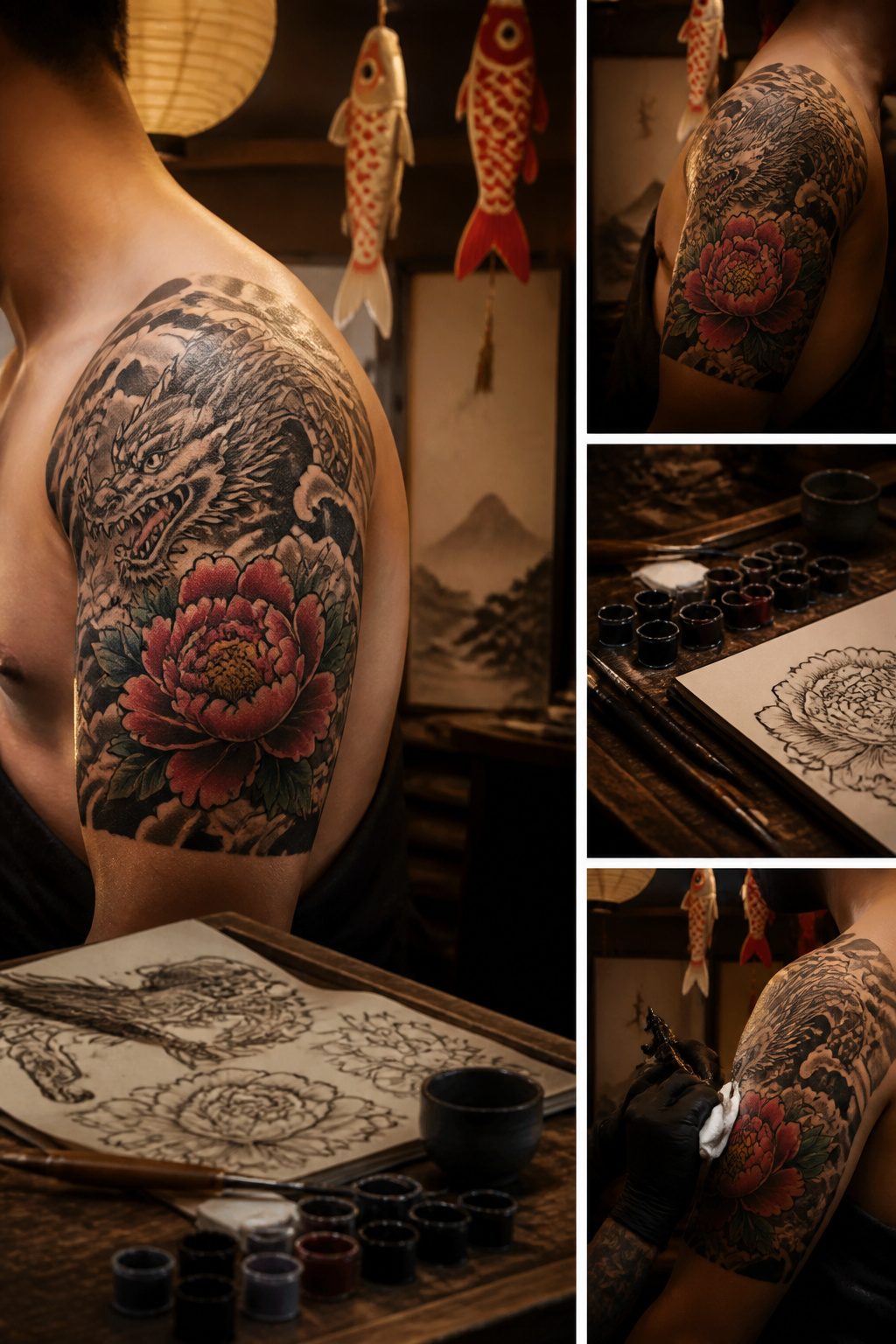 Japanese Peony Tattoos: Meaning, Color, Placement and Pairings 5 Peony tattoo paired with dragon and tiger designs.