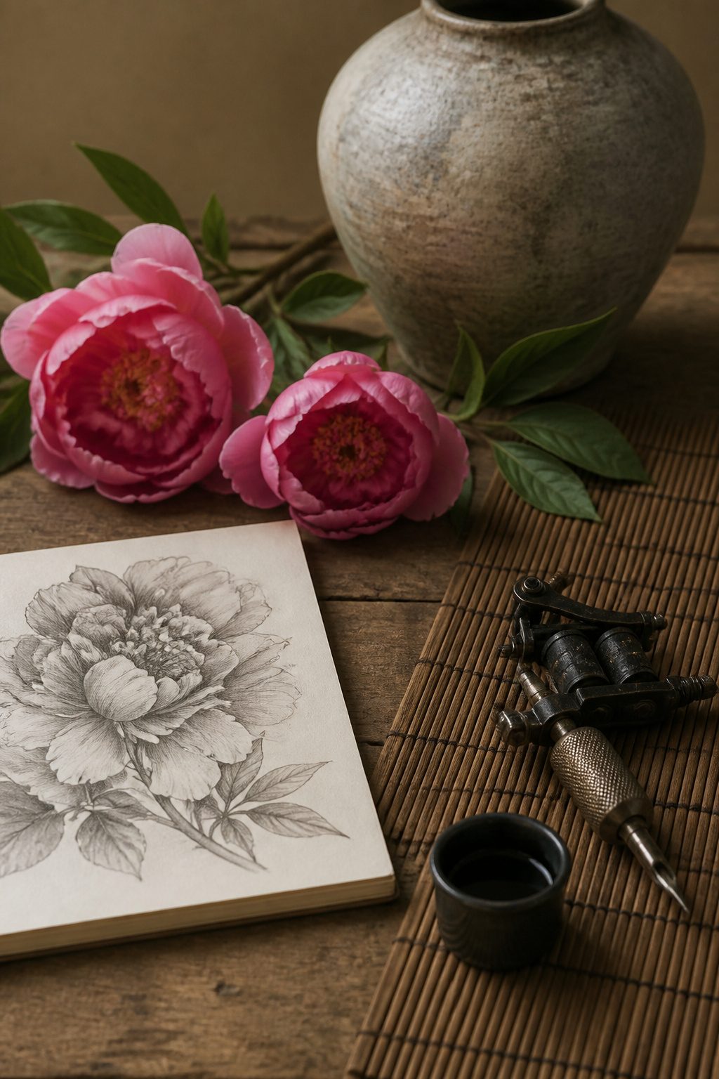 Japanese Peony Tattoos: Meaning, Color, Placement and Pairings 4 Still life arrangement suggesting body placements for peony tattoos.