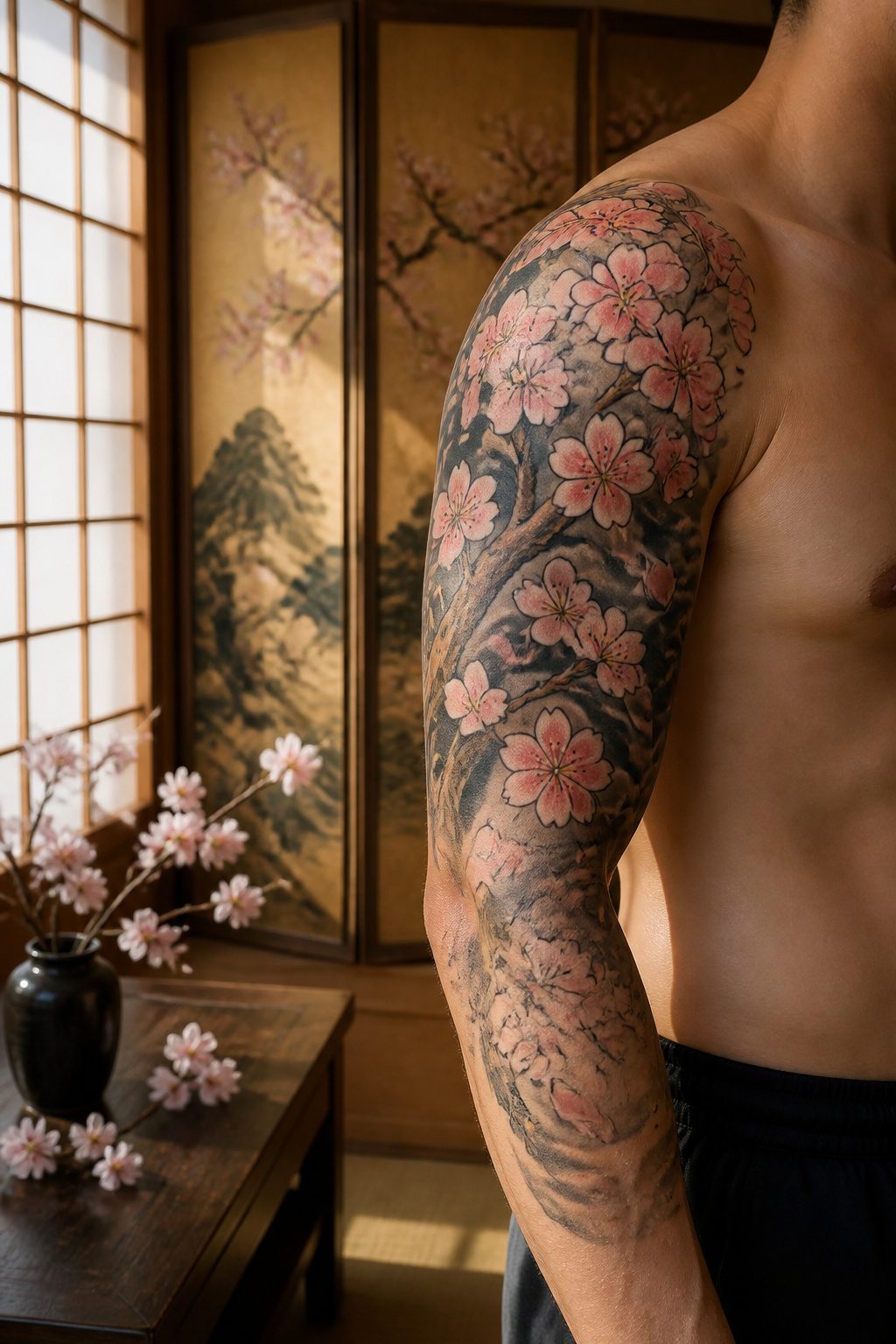 A tattoo of cherry blossoms in soft pink colors.