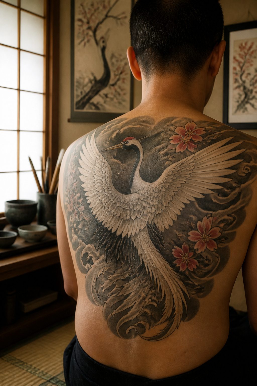 A tattoo of a crane with spread wings.