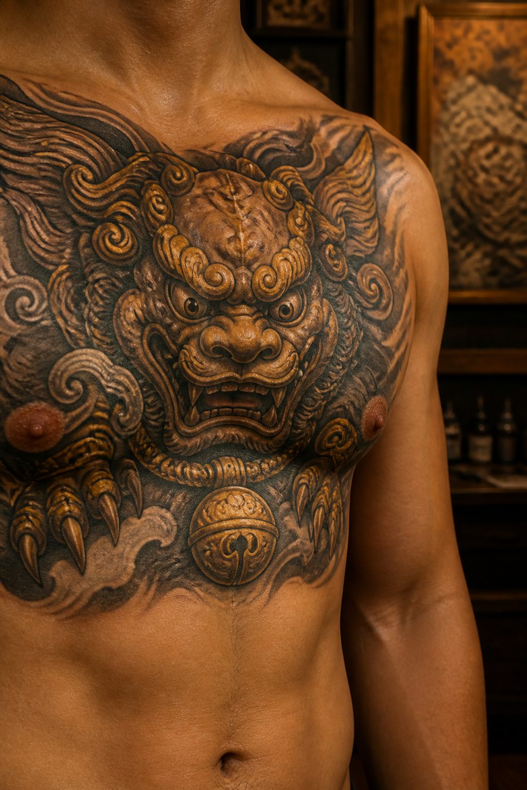 A tattoo of a foo dog in a guardian pose.