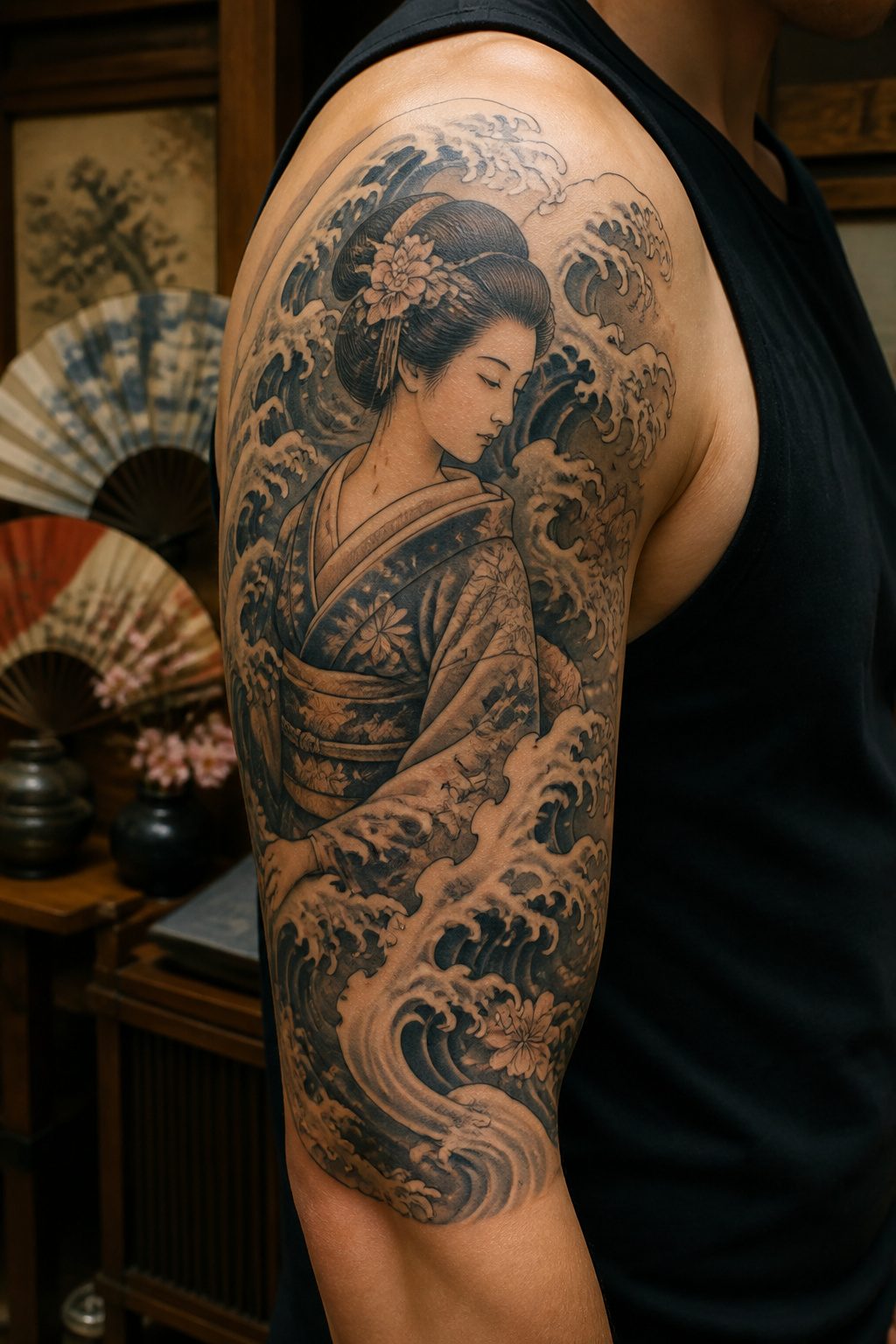A tattoo of a geisha with detailed features.