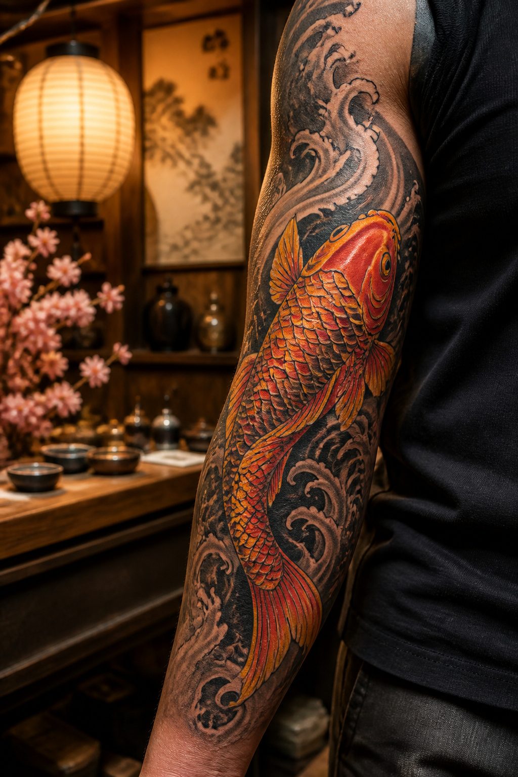 A tattoo of a koi fish swimming upstream.