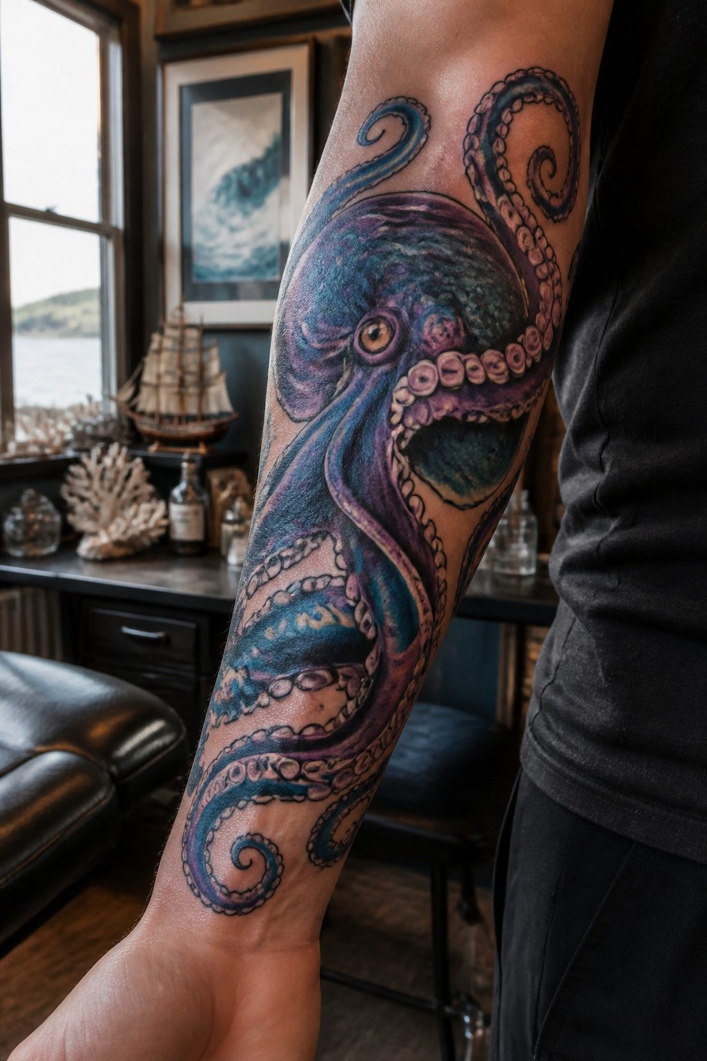 A tattoo of an octopus with extended arms.