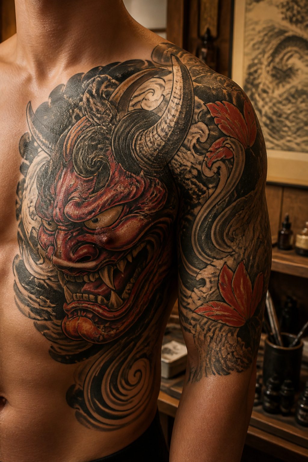 A tattoo of an oni mask with horns and fangs.