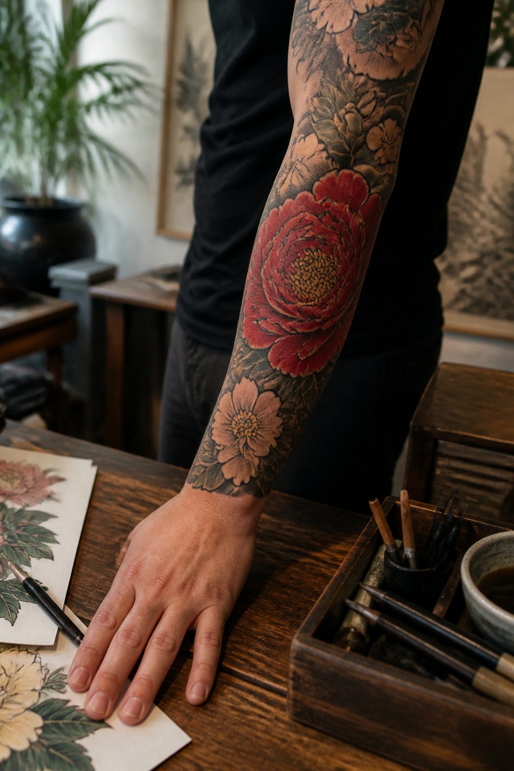 A tattoo of a peony in deep red and gold colors.