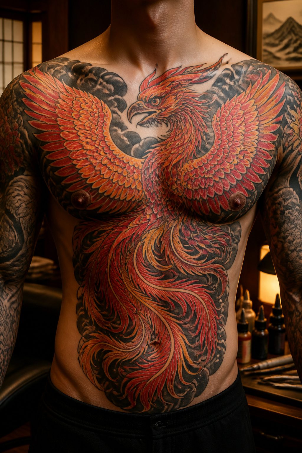 A tattoo of a phoenix with wings spread.