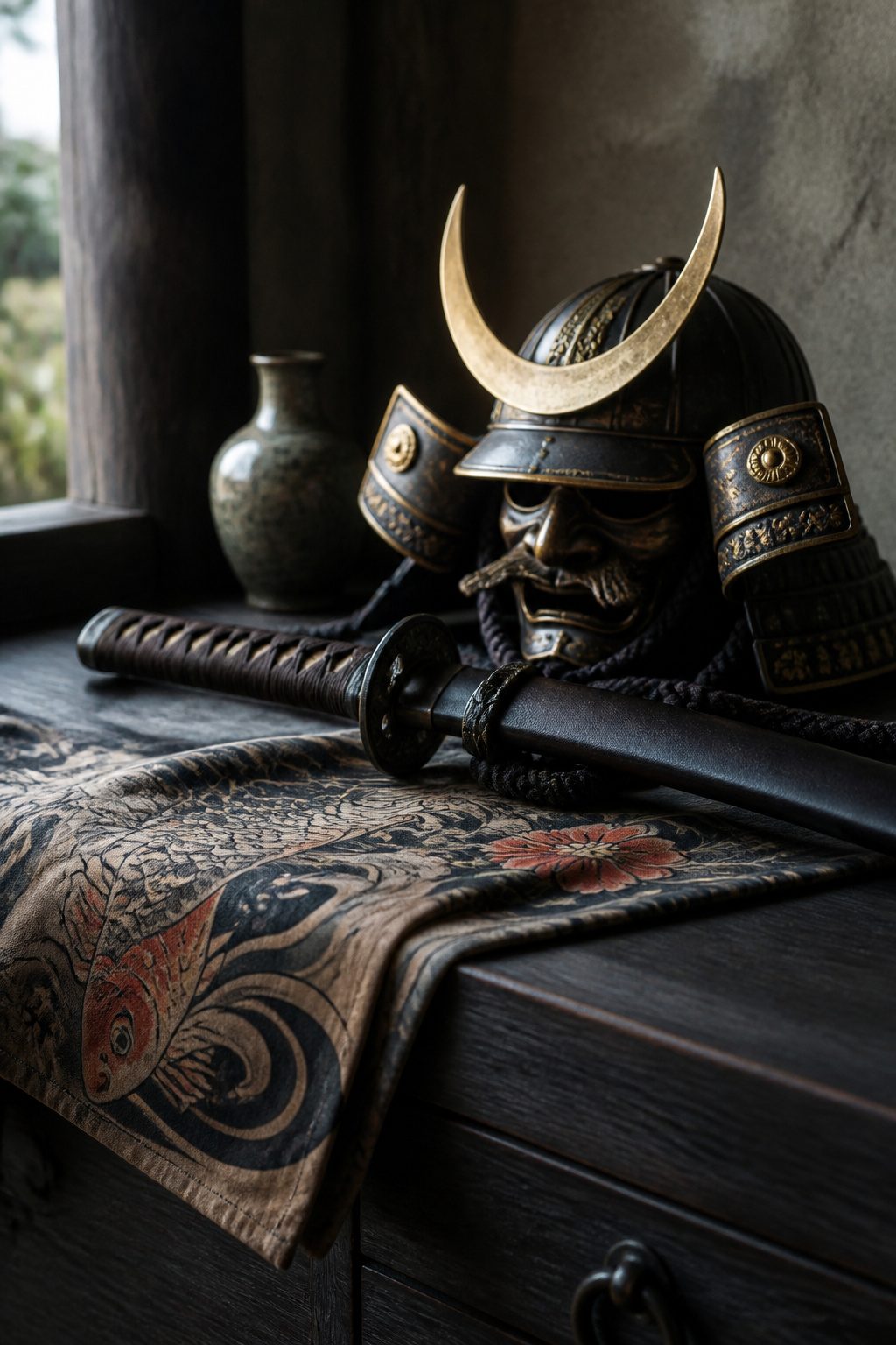 A still life of objects symbolizing samurai tattoo art.