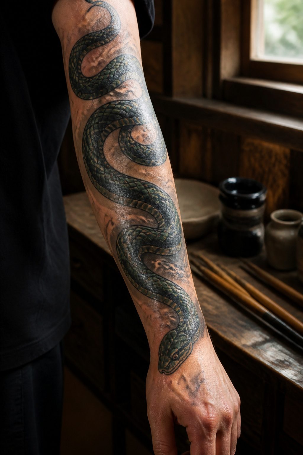 A tattoo of a coiled snake on an arm.