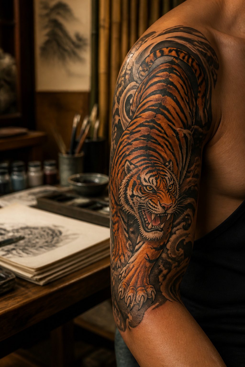 A tattoo of a tiger wrapping around an arm.