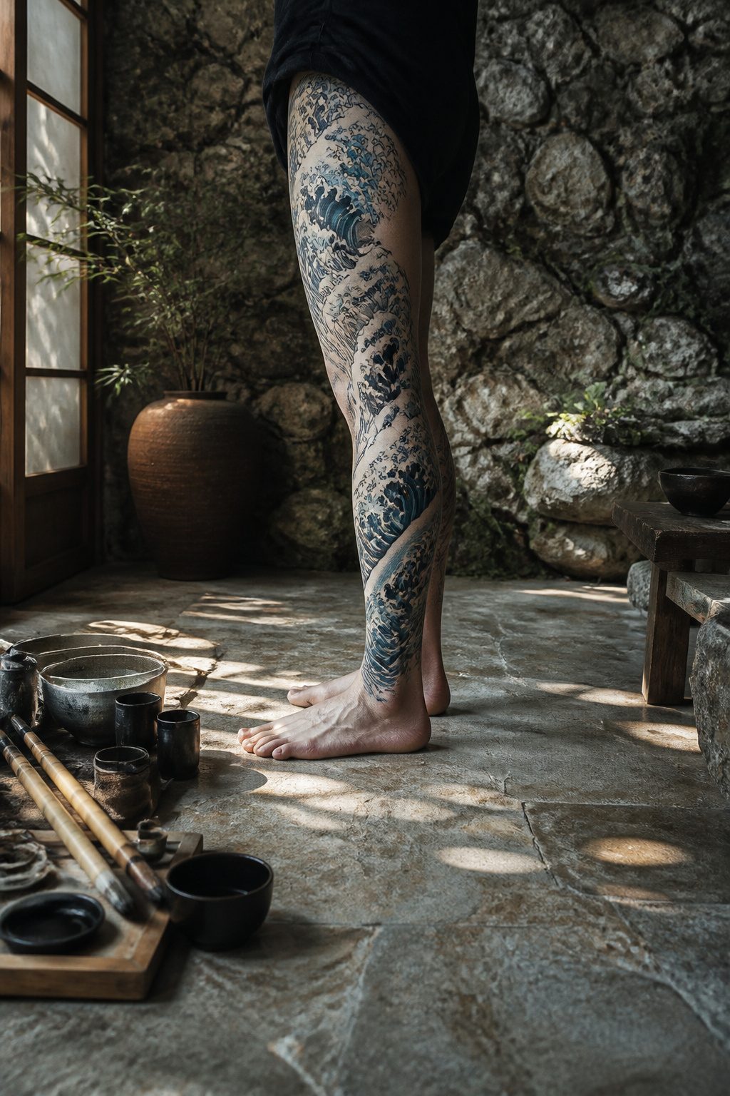 A tattoo of a wave design.