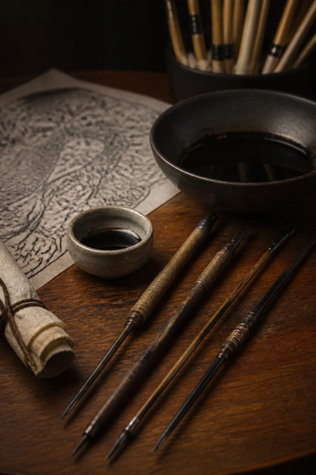 A still life depicting traditional tattooing tools.