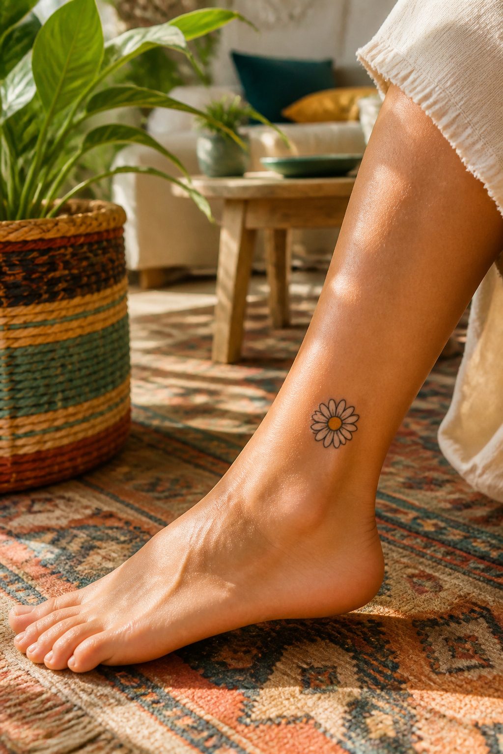 12 Little Tattoo Ideas for Women: Simple, Small Designs 3 A small daisy tattoo inked on the ankle.