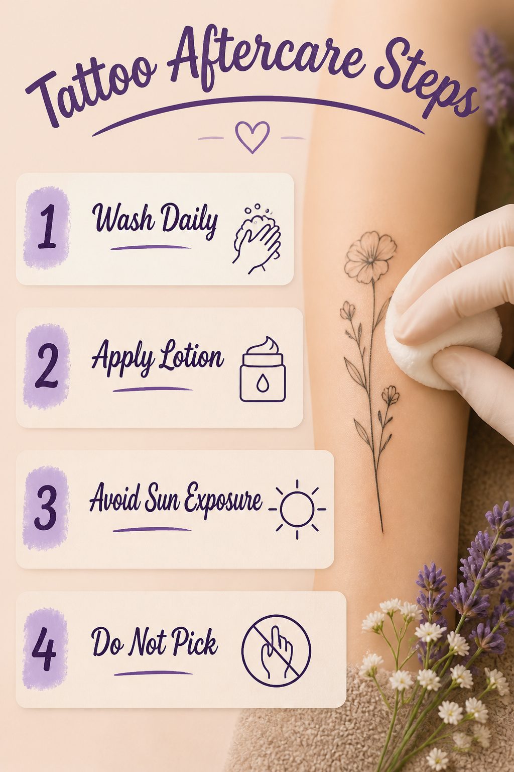 12 Little Tattoo Ideas for Women: Simple, Small Designs 15 An image illustrating tattoo aftercare steps.