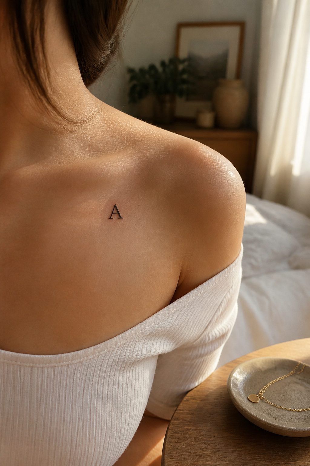 12 Little Tattoo Ideas for Women: Simple, Small Designs 10 A tattoo of a single initial located below the collarbone.