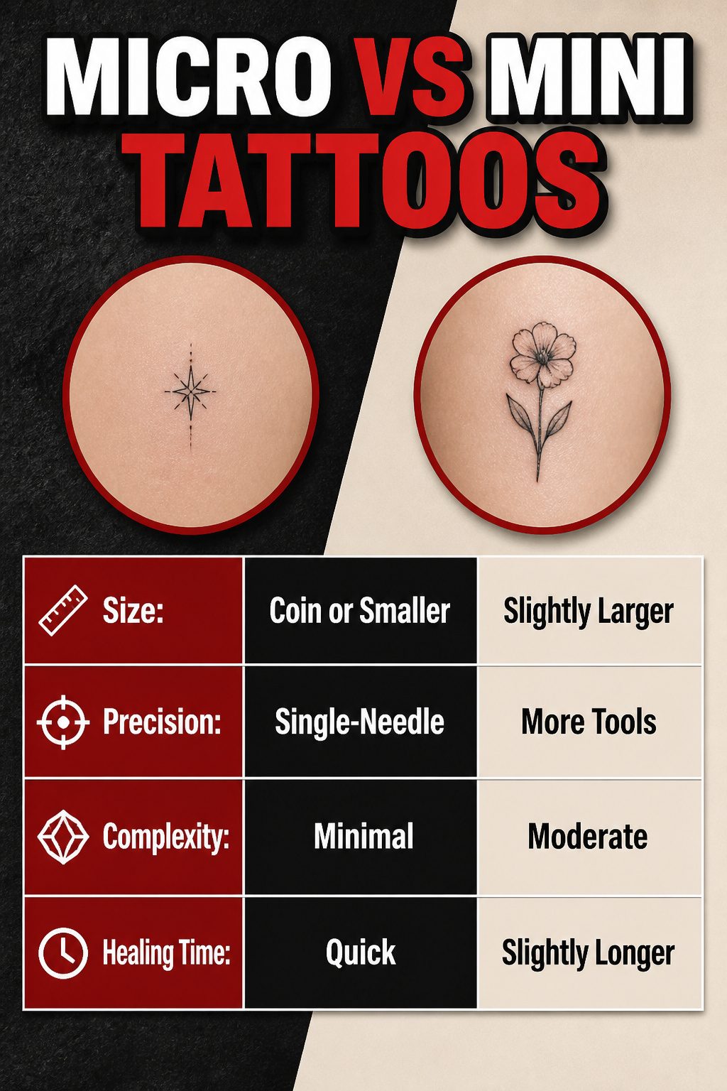 12 Little Tattoo Ideas for Women: Simple, Small Designs 16 An illustration comparing micro and mini tattoos.